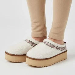 KELARA Mules basses mouton avec broderie Femme BLANC ECRU Clearance