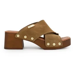 LES TROPEZIENNES PAR M.BELARBI Mules croisées pipa à talons de 6cm avec clous doré Femme KAKI Clearance