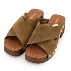 LES TROPEZIENNES PAR M.BELARBI Mules croisées pipa à talons de 6cm avec clous doré Femme KAKI Clearance