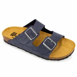 WHY LAND Mules cuir toile légère double bride Homme BLEU