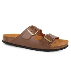 WHY LAND Mules cuir toile légère double bride Homme MARRON New