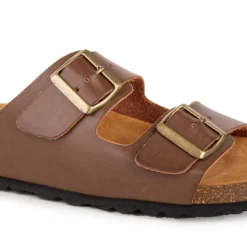 WHY LAND Mules cuir toile légère double bride Homme MARRON New