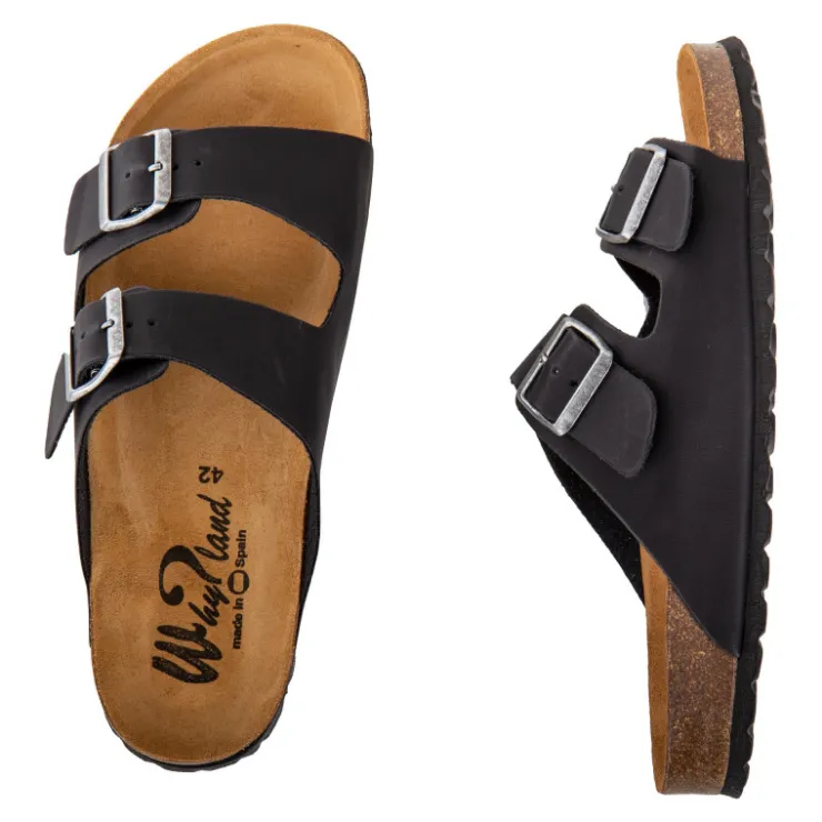 WHY LAND Mules cuir toile légère double bride Homme NOIR Clearance
