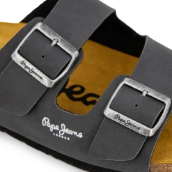 PEPE JEANS Mules double bride cuir boucle dorée Homme GRIS FONCE Outlet