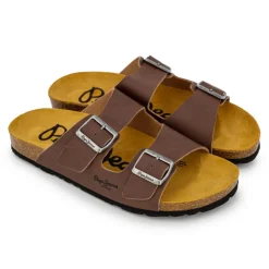 PEPE JEANS Mules double bride cuir boucle dorée Homme MARRON Outlet