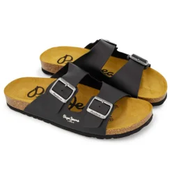 PEPE JEANS Mules double bride cuir boucle dorée Homme NOIR Online