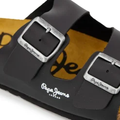 PEPE JEANS Mules double bride cuir boucle dorée Homme NOIR Online