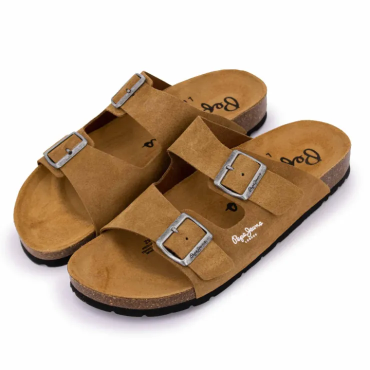 PEPE JEANS Mules double bride daim boucles argentées Homme MARRON Outlet