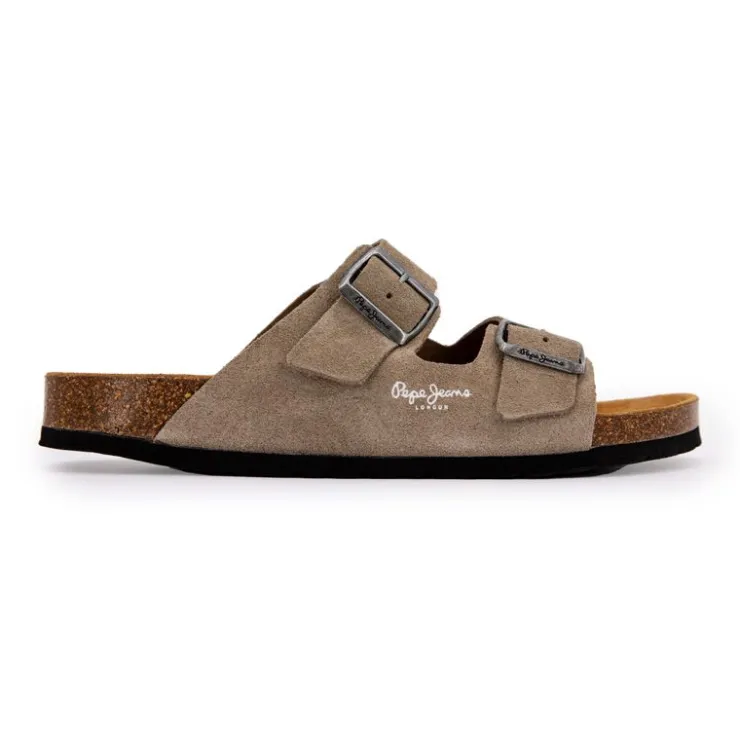 PEPE JEANS Mules double bride daim boucles argentées Homme BEIGE Clearance
