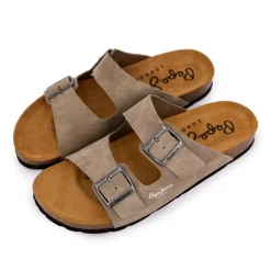 PEPE JEANS Mules double bride daim boucles argentées Homme BEIGE Clearance