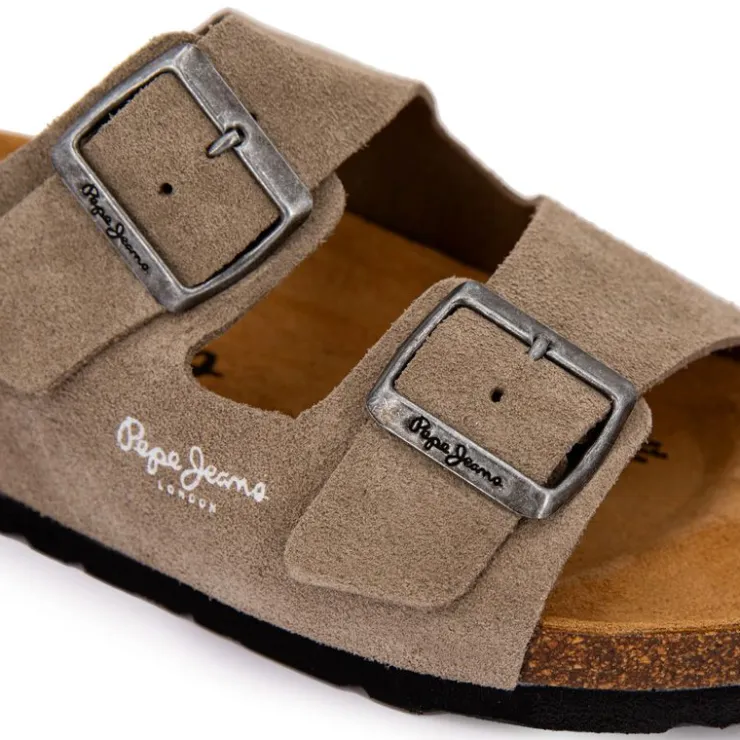 PEPE JEANS Mules double bride daim boucles argentées Homme BEIGE Clearance