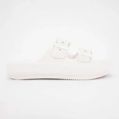 AMERICAN COLLEGE Mules en plastique double brides à boucles semelle épaisse Femme BLANC Hot