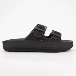 AMERICAN COLLEGE Mules en plastique double brides à boucles semelle épaisse Femme NOIR Hot