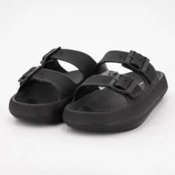 AMERICAN COLLEGE Mules en plastique double brides à boucles semelle épaisse Femme NOIR Hot