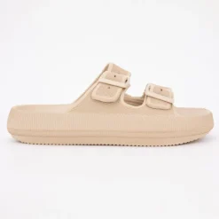 AMERICAN COLLEGE Mules en plastique double brides à boucles semelle épaisse Femme BEIGE New