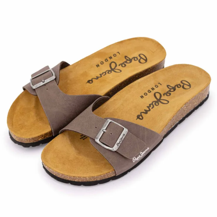 PEPE JEANS Mules plates uni logo Homme MARRON Outlet