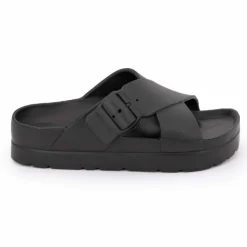 LOVETT Mules semelle épaisse crantée et double bride croisée Femme NOIR New