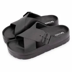 LOVETT Mules semelle épaisse crantée et double bride croisée Femme NOIR New