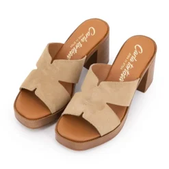 CARLA TORTOSA Mules serraje à talon plateforme Femme BEIGE New