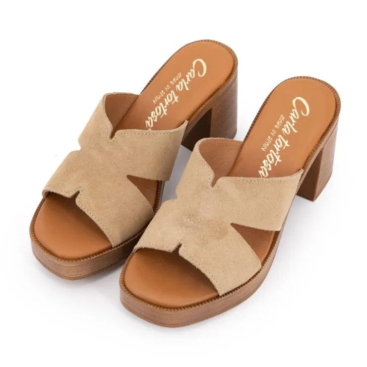 CARLA TORTOSA Mules serraje à talon plateforme Femme BEIGE New