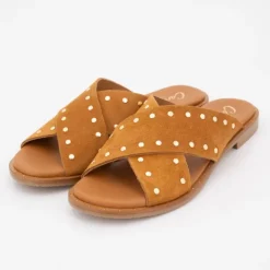 CARLA TORTOSA Mules setter cuir à clous dorés Femme MARRON New