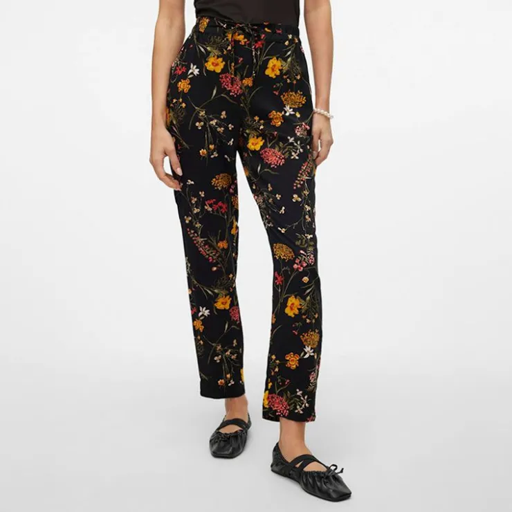 VERO MODA Pantalon à fleurs droit avec cordon de serrage Femme NOIR