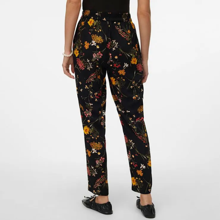 VERO MODA Pantalon à fleurs droit avec cordon de serrage Femme NOIR