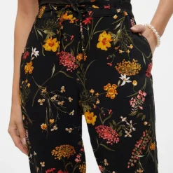 VERO MODA Pantalon à fleurs droit avec cordon de serrage Femme NOIR