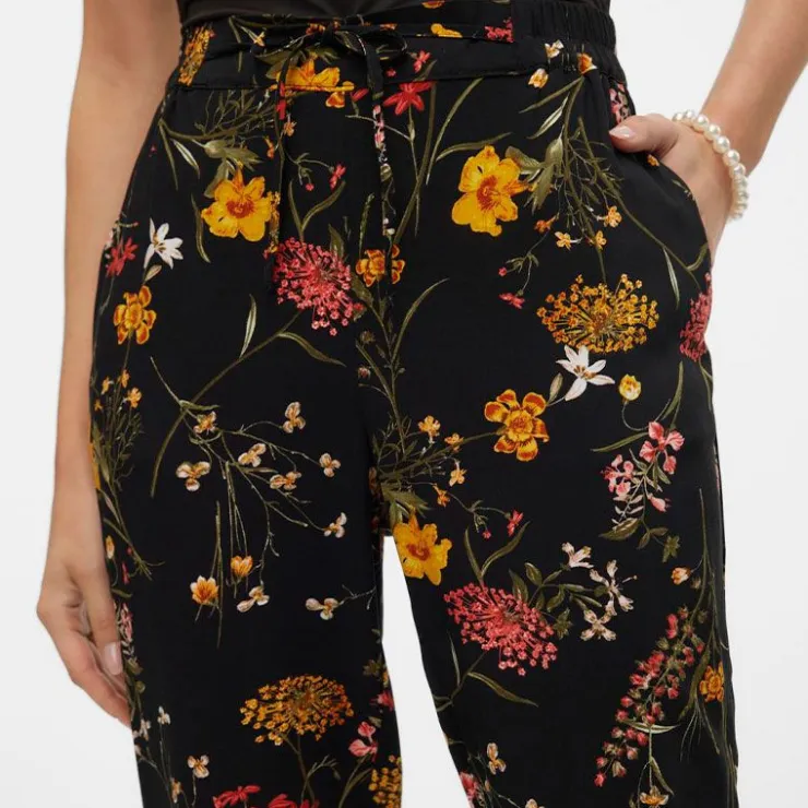 VERO MODA Pantalon à fleurs droit avec cordon de serrage Femme NOIR