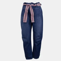 PLEASE Pantalon jean foncé avec ceinture tissée style ethnique Femme BLEU Hot