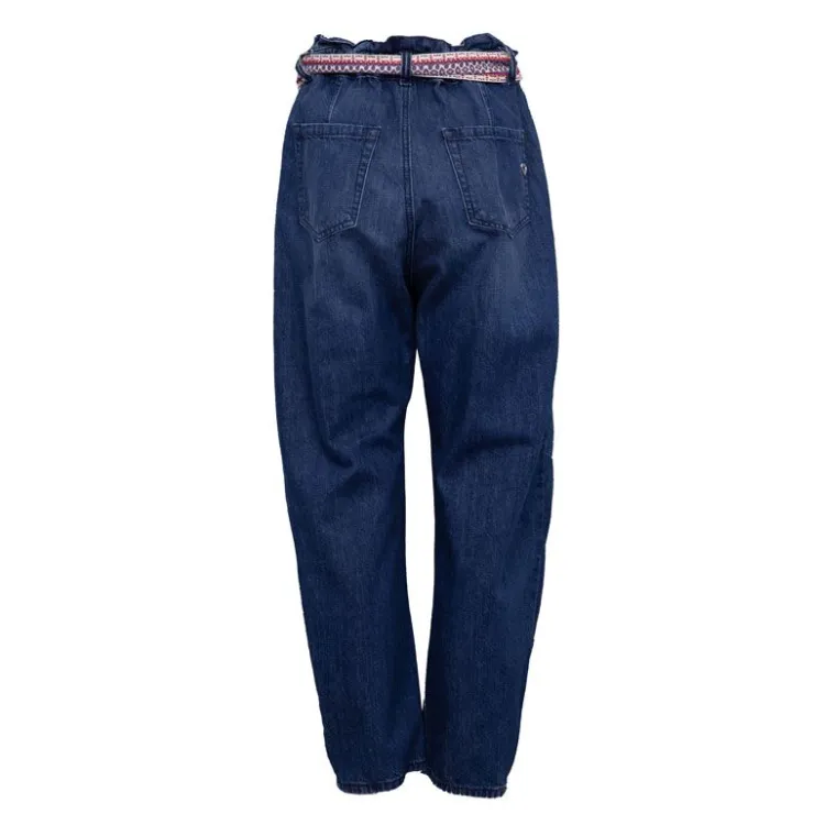 PLEASE Pantalon jean foncé avec ceinture tissée style ethnique Femme BLEU Hot