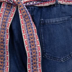 PLEASE Pantalon jean foncé avec ceinture tissée style ethnique Femme BLEU Hot