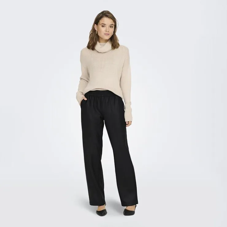 ONLY Pantalon large taille élastique simili cuir Femme NOIR Discount