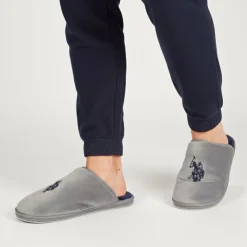 US POLO Pantoufles en fausse fourrure avec grand logo brodé Homme GRIS CLAIR New