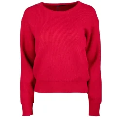 REAL CASHMERE Pull grosse maille col rond cachemire laine Femme ROUGE New