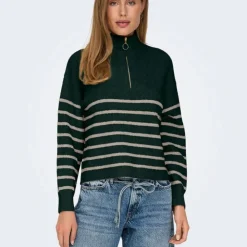 ONLY Pull à rayures tokyo fermeture semi-zippée Femme VERT FONCE Discount