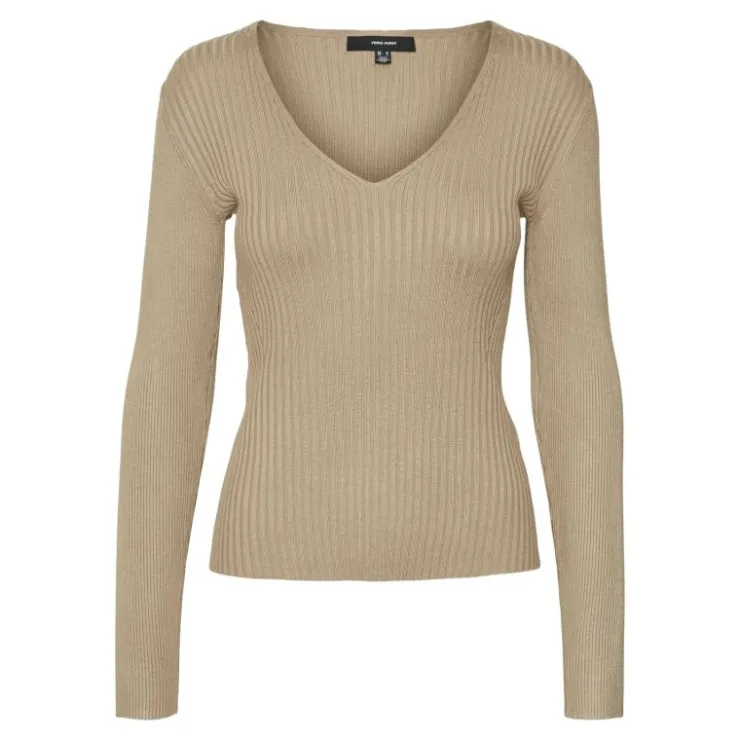 VERO MODA Pull Autumn cotelé col V ajusté Femme MARRON CLAIR Hot