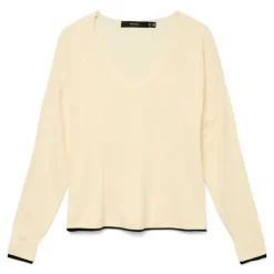 VERO MODA Pull breeze maille fine col v avec liseré Femme BLANC ECRU Clearance
