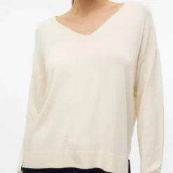VERO MODA Pull breeze maille fine col v avec liseré Femme BLANC ECRU Clearance