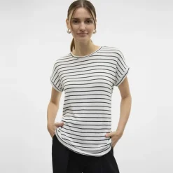 VERO MODA Pull Brianna à rayures en maille fine col rond Femme BLANC ECRU Clearance