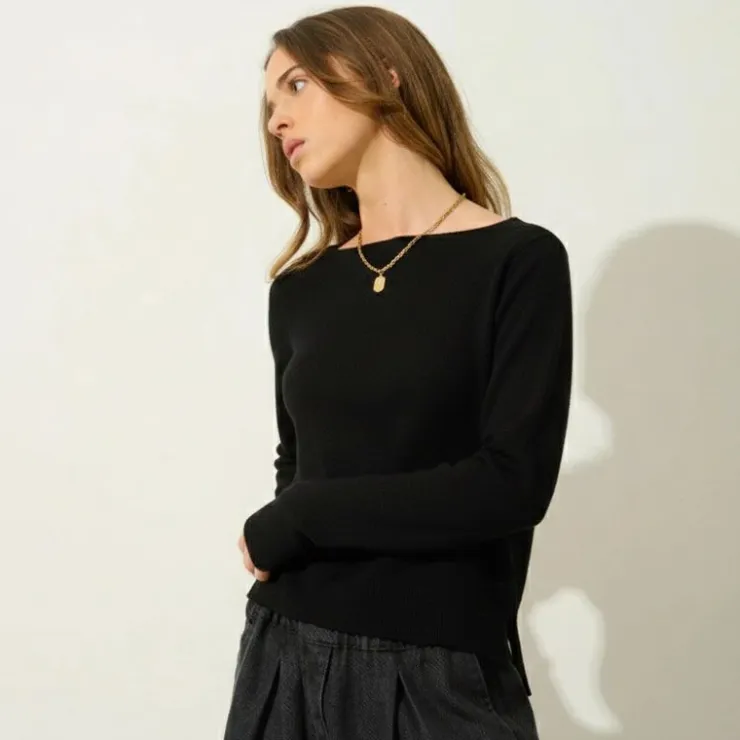 VERO MODA Pull col bateau maille fine Femme NOIR Discount