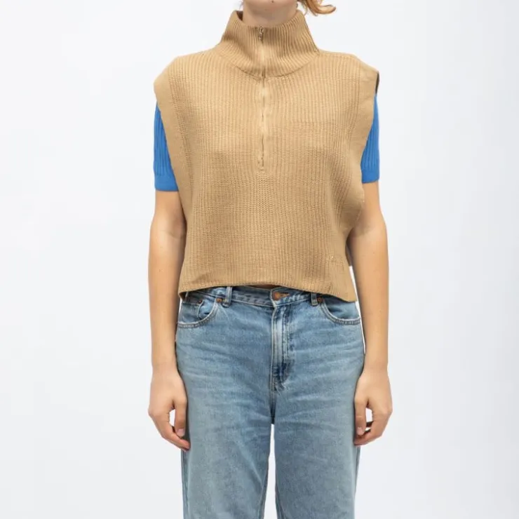 LA PETITE ETOILE Pull col montant maeva sans manches avec zip Femme MARRON CLAIR