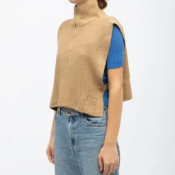 LA PETITE ETOILE Pull col montant maeva sans manches avec zip Femme MARRON CLAIR