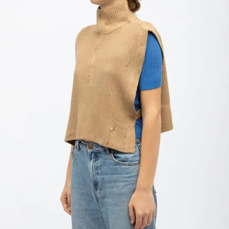 LA PETITE ETOILE Pull col montant maeva sans manches avec zip Femme MARRON CLAIR