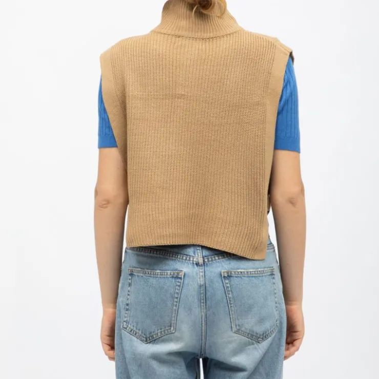 LA PETITE ETOILE Pull col montant maeva sans manches avec zip Femme MARRON CLAIR