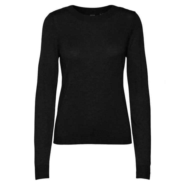 VERO MODA Pull col rond bouton poignet maille fine Femme NOIR Outlet