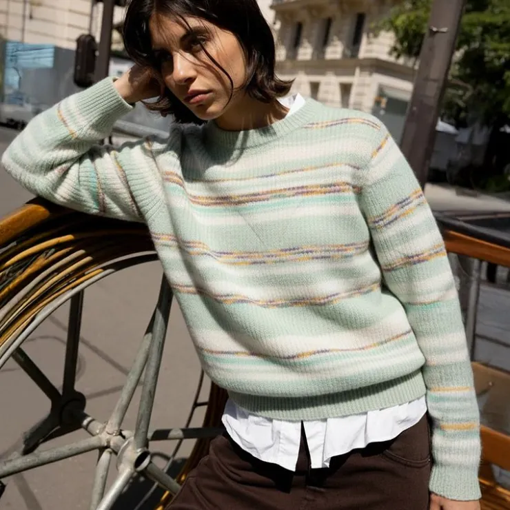 ANTIK BATIK Pull col rond leo doux à rayures Femme VERT CLAIR Discount