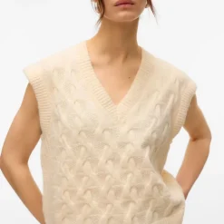 VERO MODA Pull col v maille torsadée vmpiper Femme BLANC ECRU New