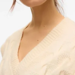 VERO MODA Pull col v maille torsadée vmpiper Femme BLANC ECRU New