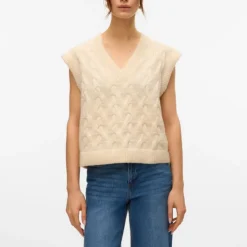 VERO MODA Pull col v maille torsadée vmpiper Femme BLANC ECRU New